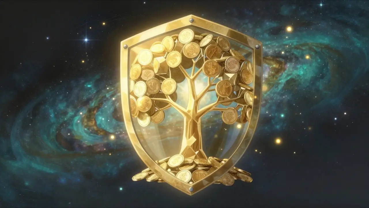 Conceptual anime art of a glowing digital shield and geometric tree protecting crypto assets in space.