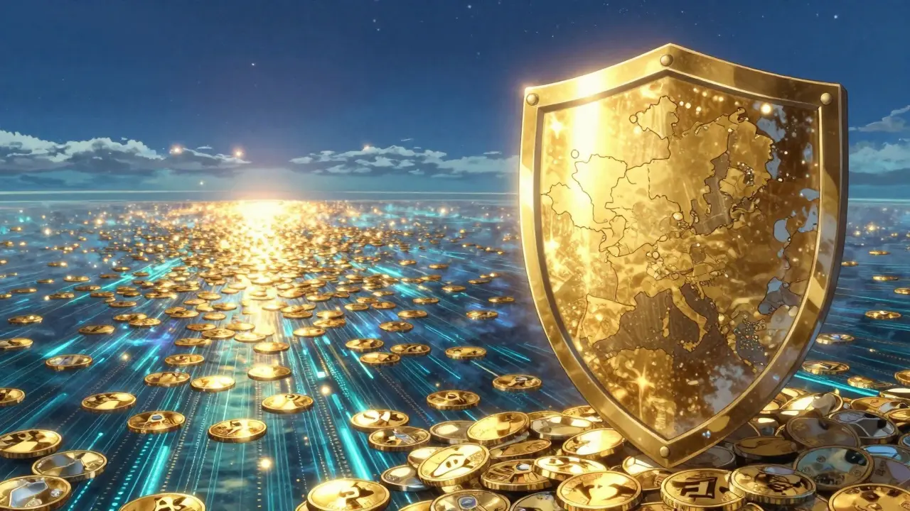 Conceptual art showing a digital ocean of cryptocurrency next to a protective shield over Singapore
