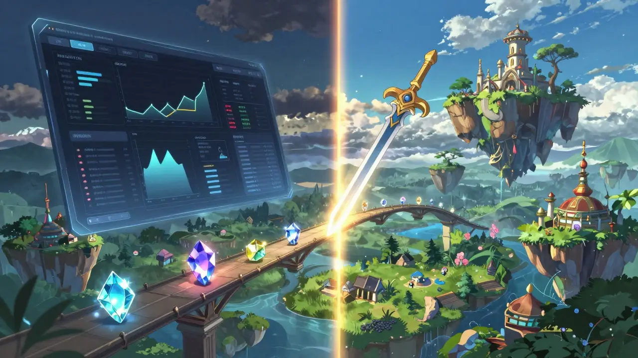 Digital crypto data and a fantasy game world connected by a bridge of light