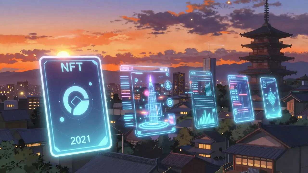 Futuristic cityscape showing the evolution of NFTs into gaming and DeFi utility