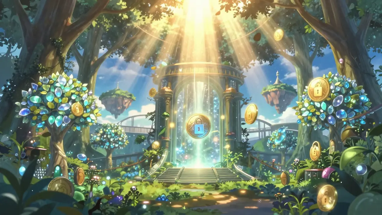 Gemstone trees blooming with golden light in a digital garden