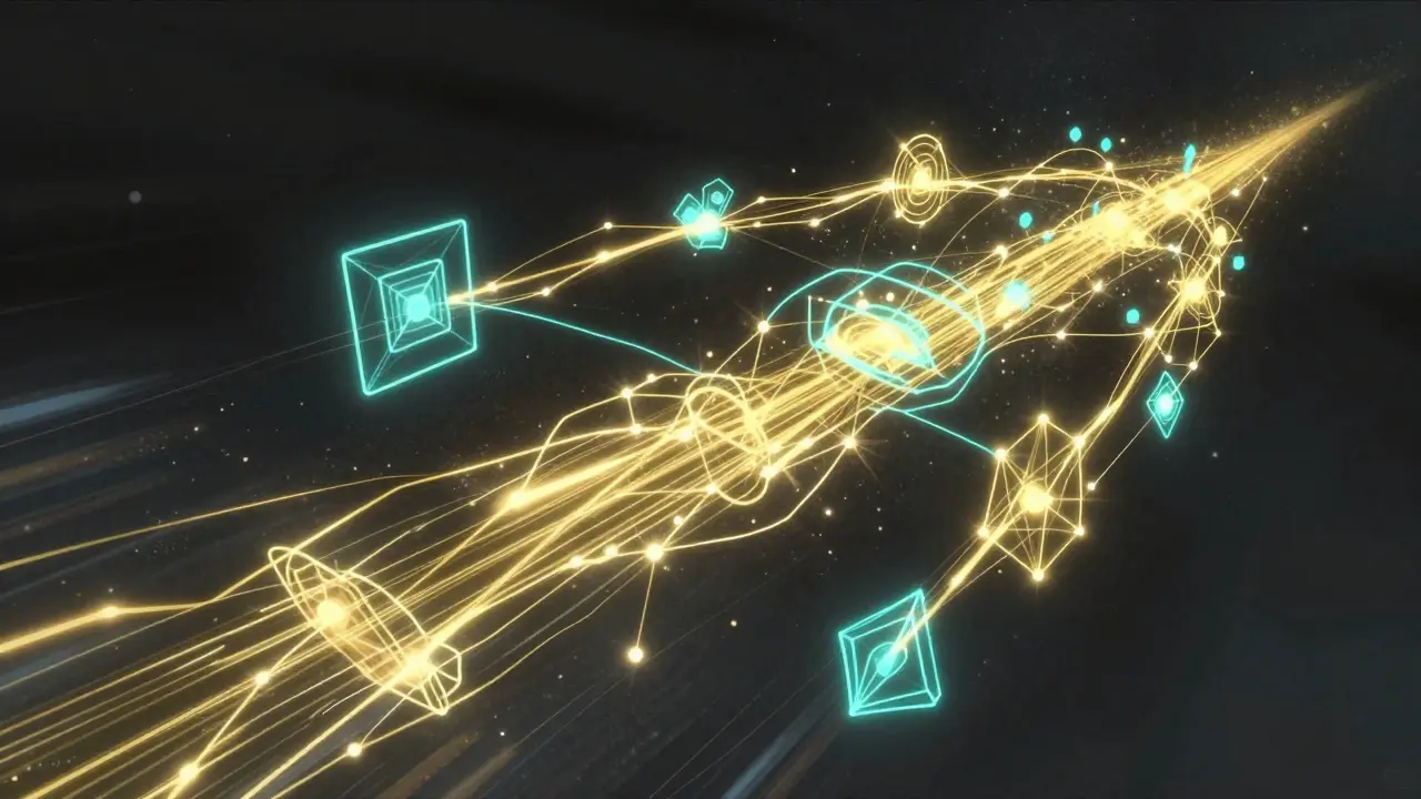 Glowing gold neural network streams moving instantly in dark space