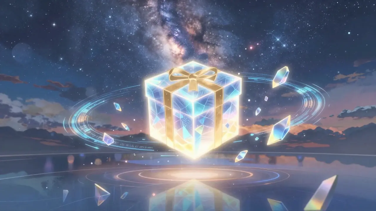 Glowing holographic mystery box floating in a starry digital metaverse