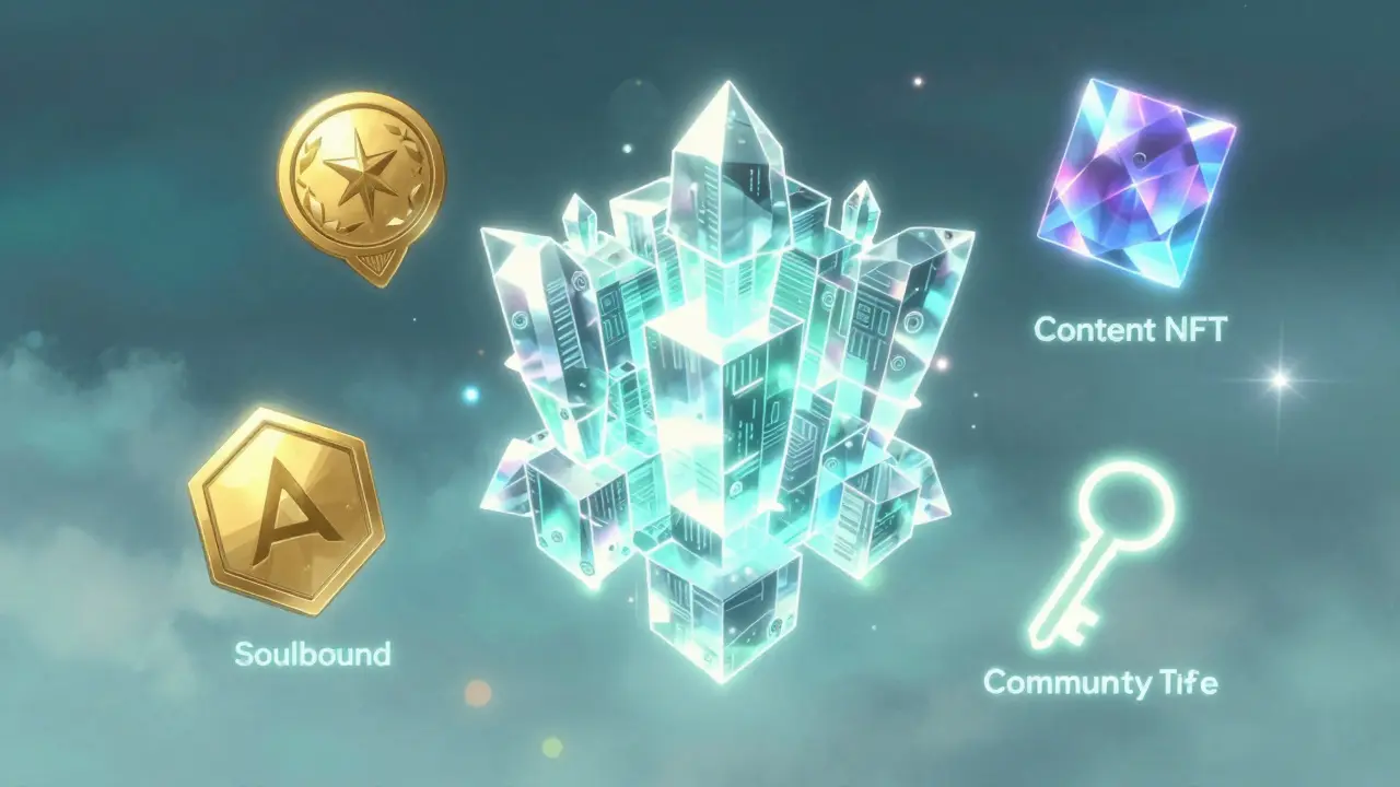 Glowing Soulbound tokens and NFTs orbiting a crystalline data structure in a void.