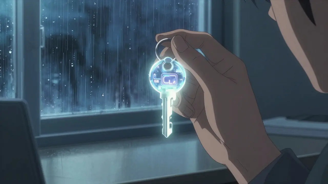 Hand holding a glowing digital token by a window with raindrops on the glass