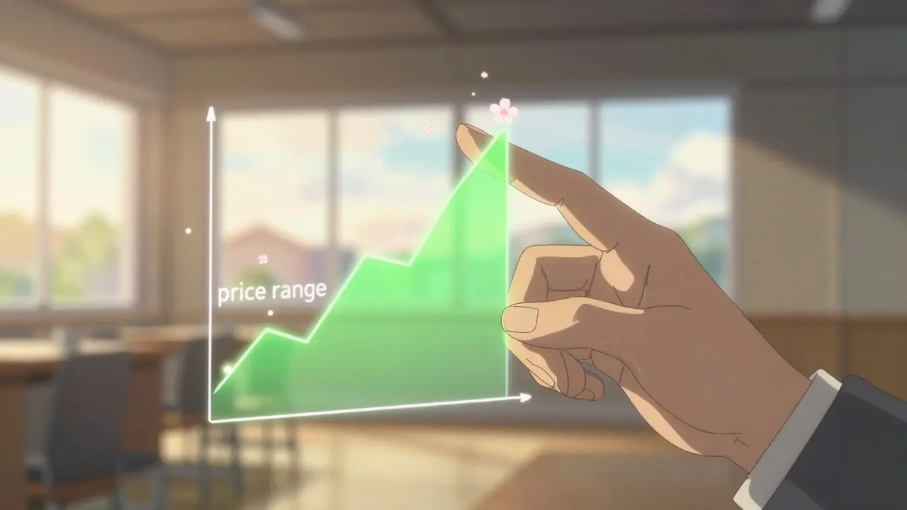 Hand interacting with a holographic price range graph in a sunlit room