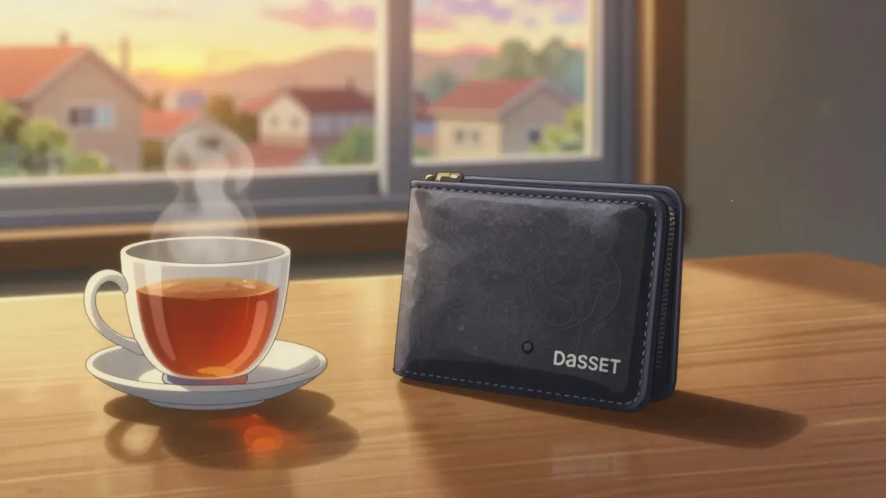 Hardware crypto wallet on a wooden desk illuminated by warm golden sunset light