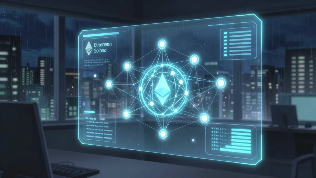 Holographic interface showing a multi-chain network map in a modern high-tech office