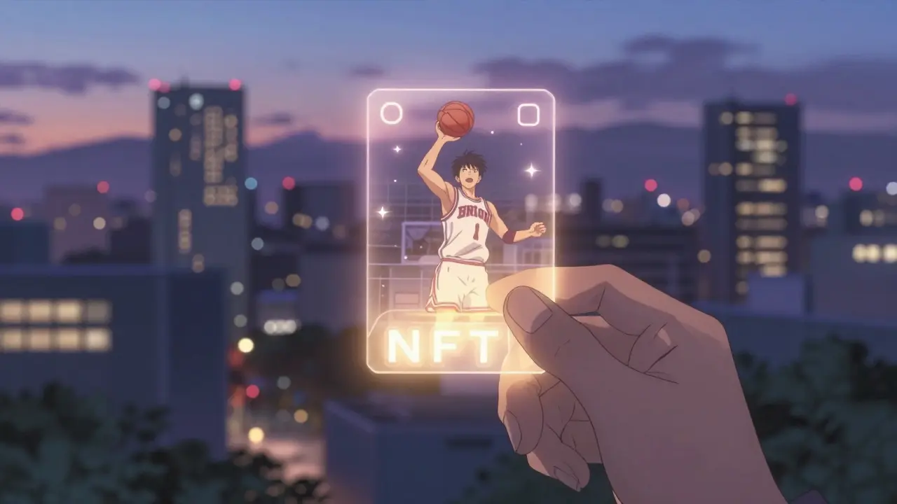 Person holding a glowing digital NFT card against a twilight city backdrop
