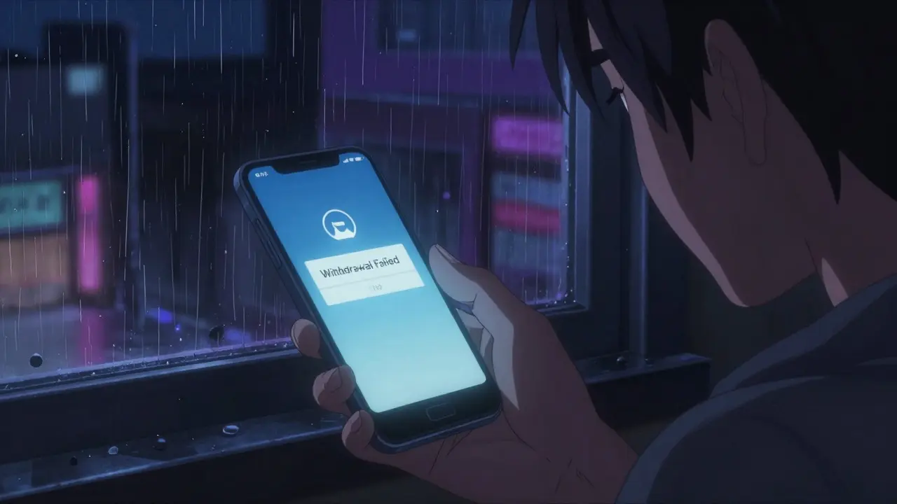 Person looking at a failed withdrawal message on a phone during a rainy, moody evening