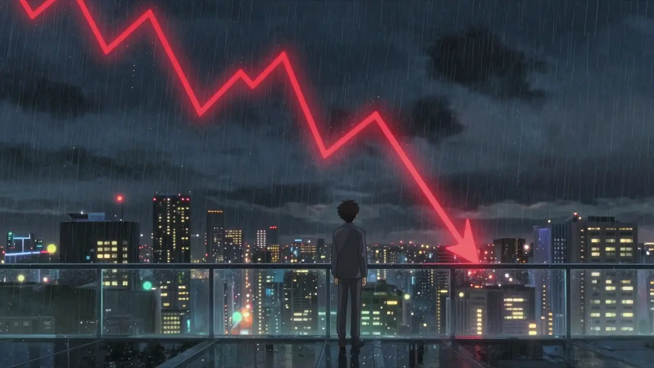Person looking at a plummeting holographic price chart over a rainy futuristic city.