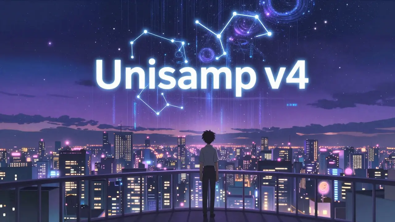 Person overlooking a neon city under a starry digital sky at twilight