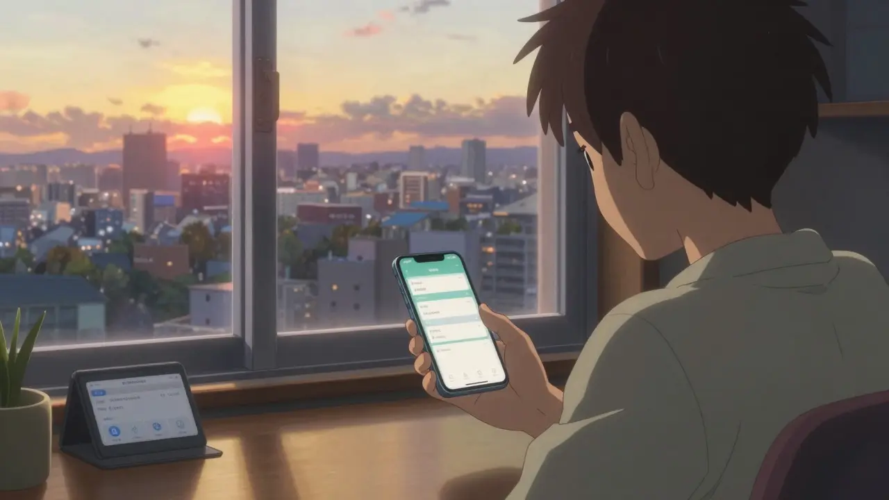 Person using a mobile crypto app by a window with a sunset city view.