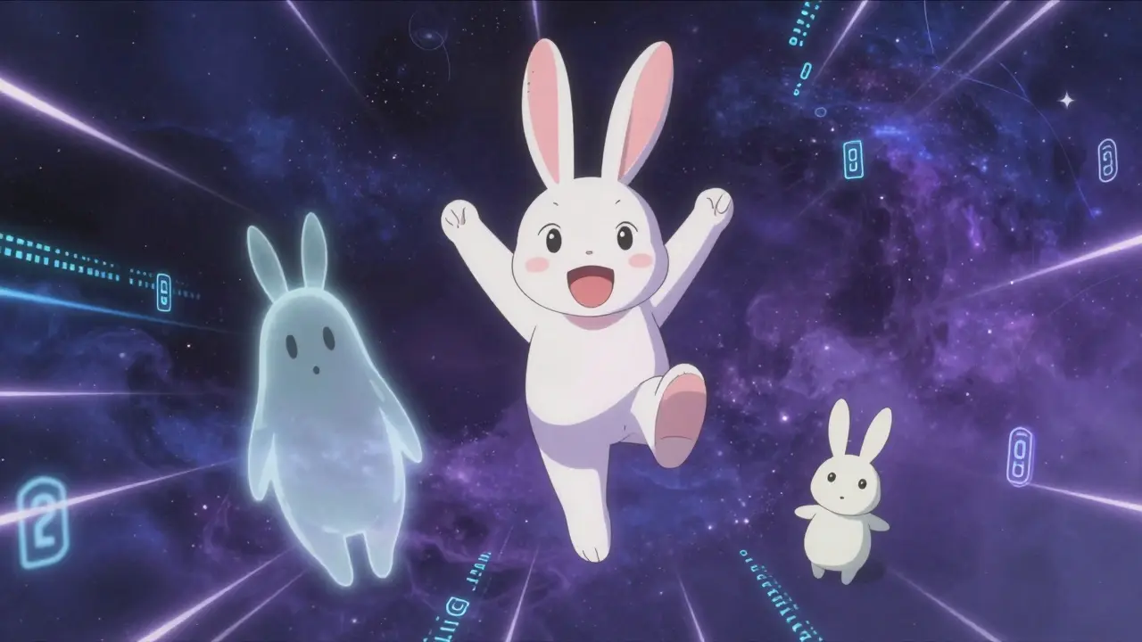 Three different stylized rabbits floating in a digital cosmic void.