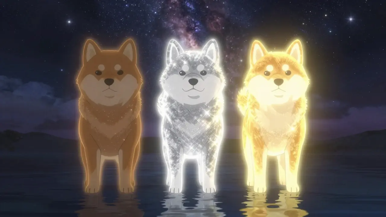 Three Shiba Inu NFTs in bronze, silver, and gold tiers against a starry night sky