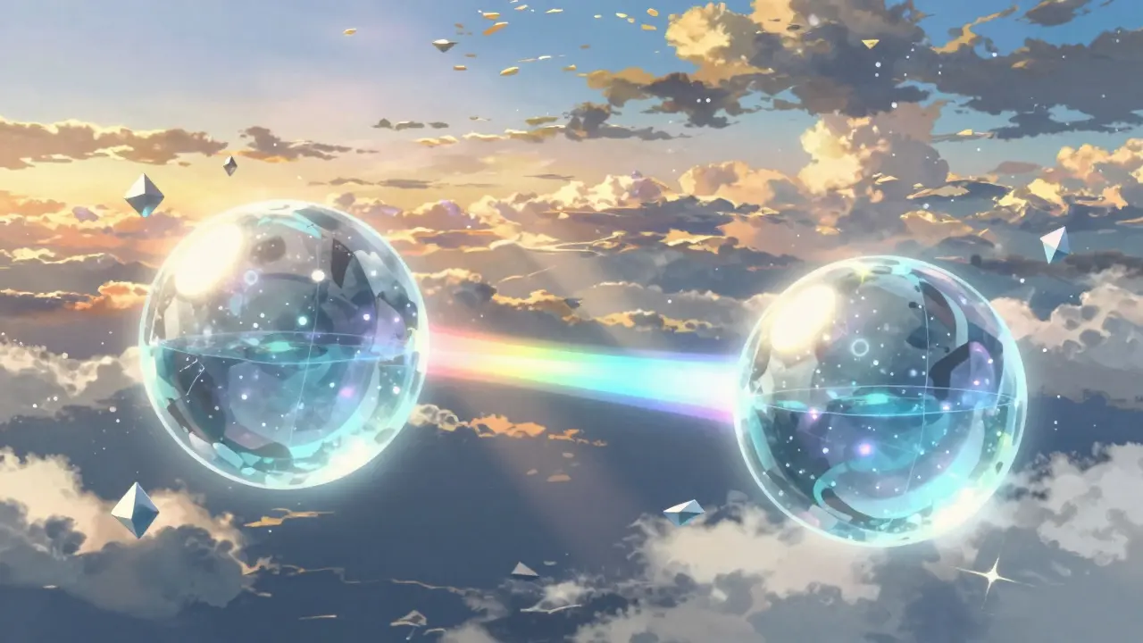 Two glowing crystalline spheres connected by light beams in a sunset sky