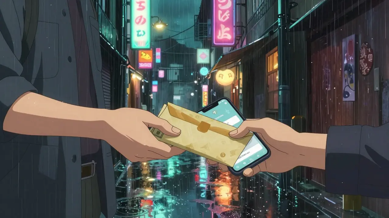 Two people exchanging cash for cryptocurrency in a rainy, neon-lit city alley.