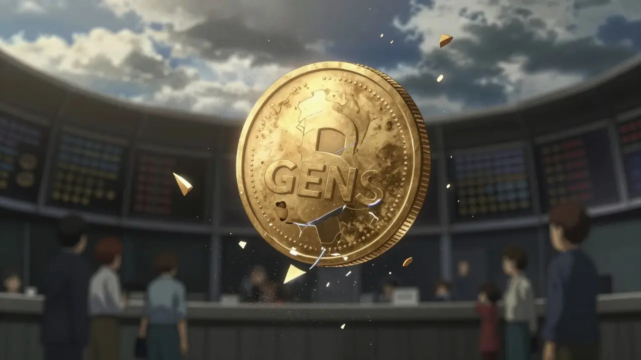 A golden crypto coin shattering into dust in the sky, symbolizing massive price drop.