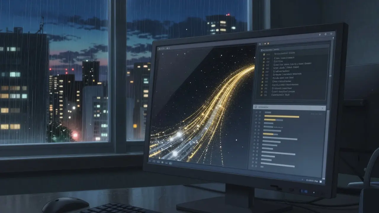 Abstract data streams on a terminal screen in a rainy city room