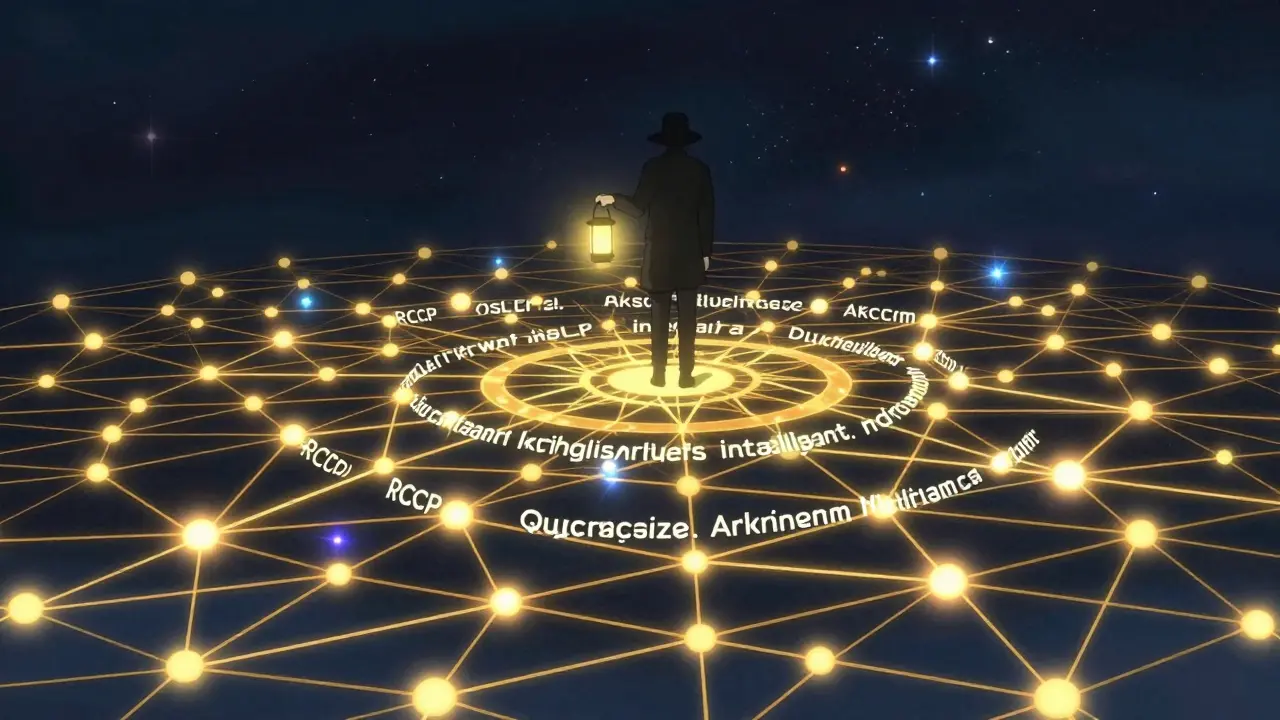 Anime art showing glowing blockchain networks being traced by law enforcement analysts.