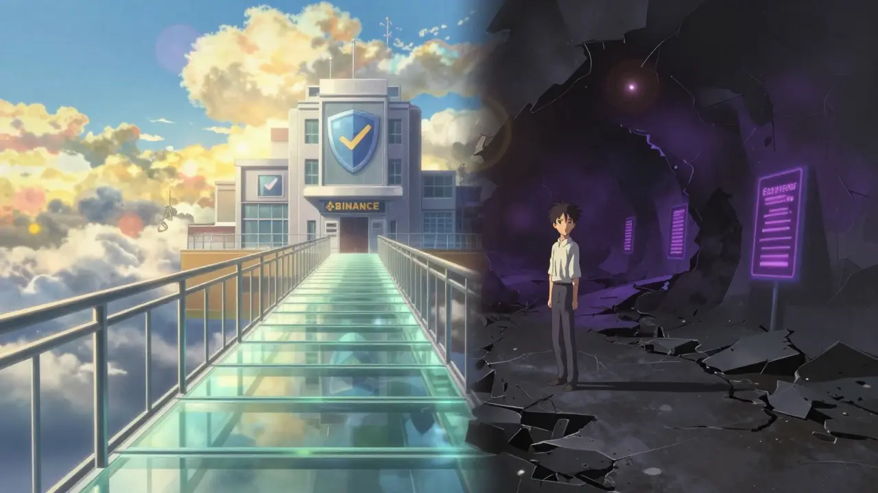 Anime character choosing between safe transparent bridge and dark risky path