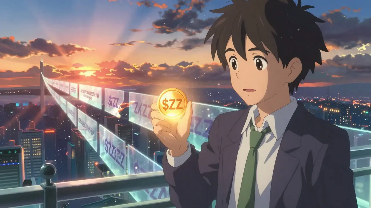 Anime character holding glowing ZZ token with dissolving barriers symbolizing fast withdrawals