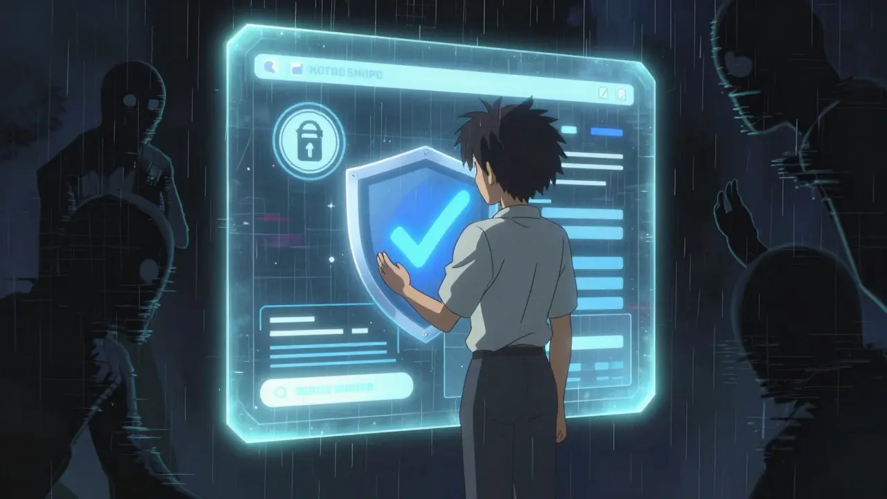 Anime character protecting crypto wallet from shadowy scam figures