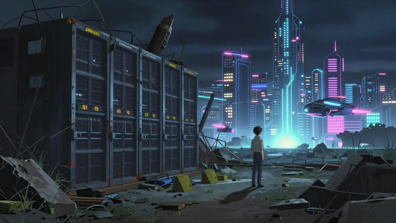 Anime contrast between abandoned crypto servers and a bright futuristic city skyline.