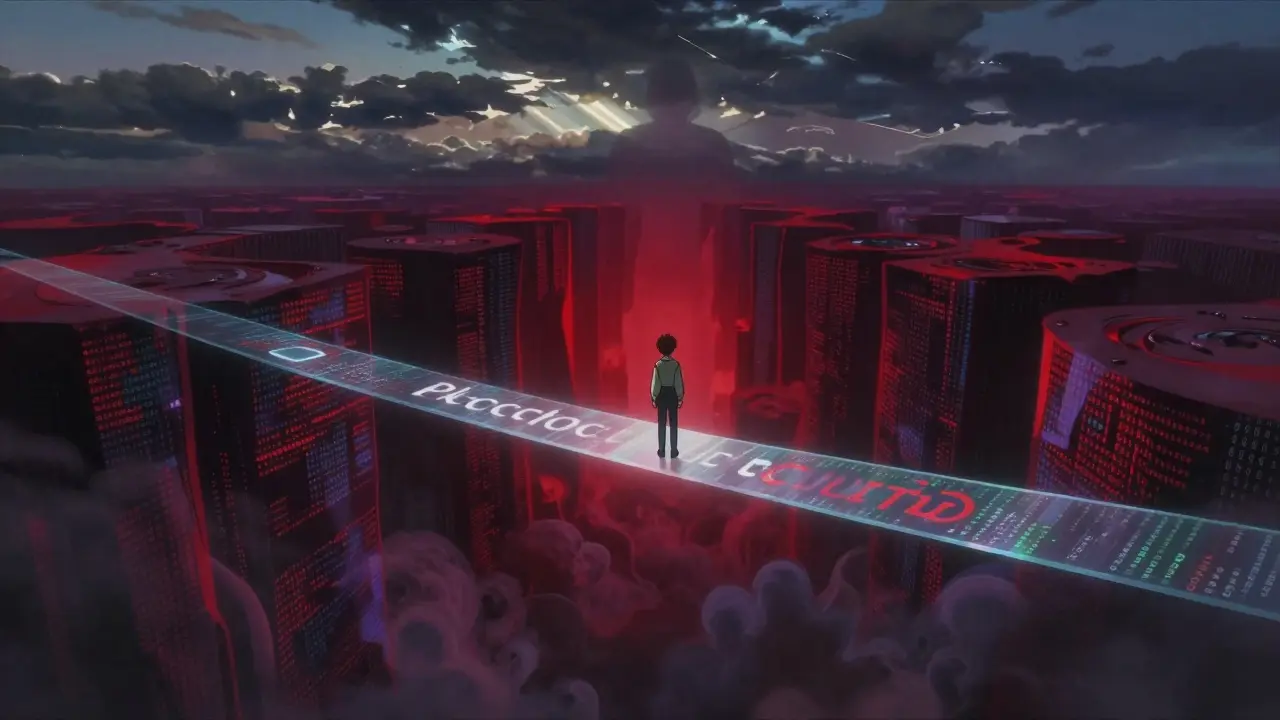 Anime figure standing on a fragile code bridge over a dangerous, shadowy abyss.