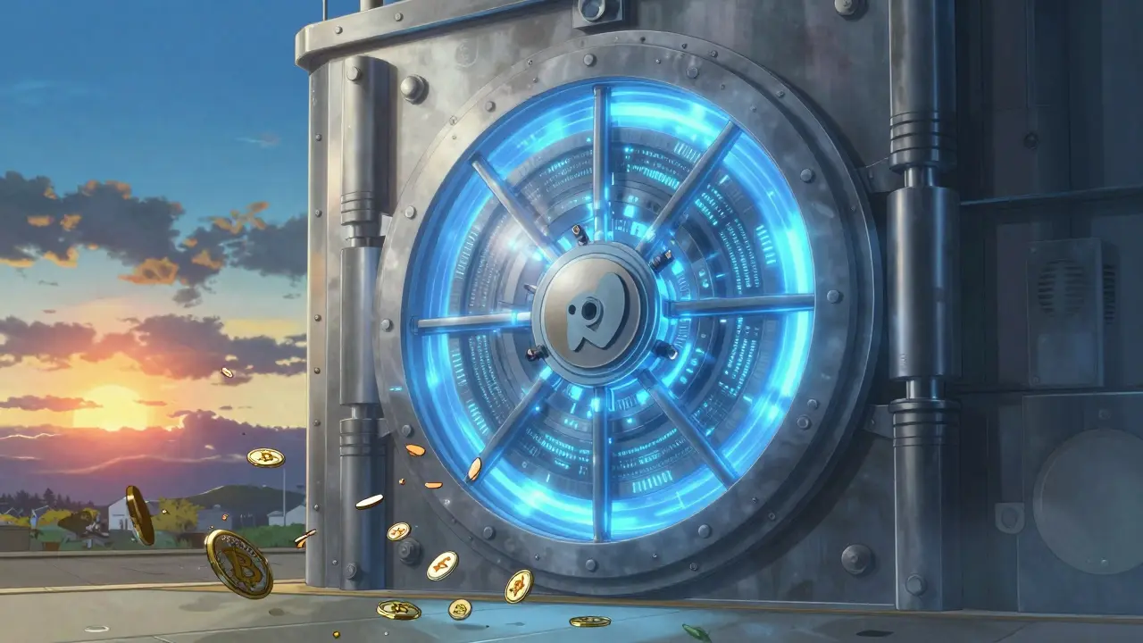 Anime illustration of seized digital currency coins floating near a sealed virtual vault.