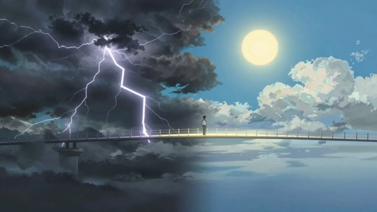 Anime landscape contrasting stormy volatility with calm sunny stability