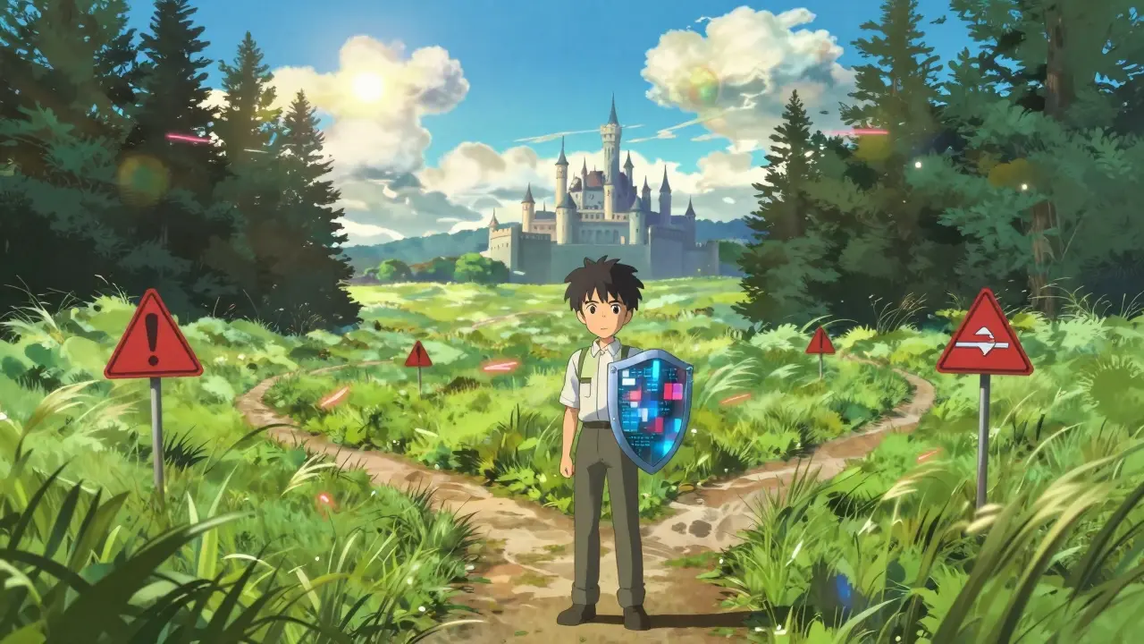Anime player choosing a safe path over a dangerous one in a sunny meadow