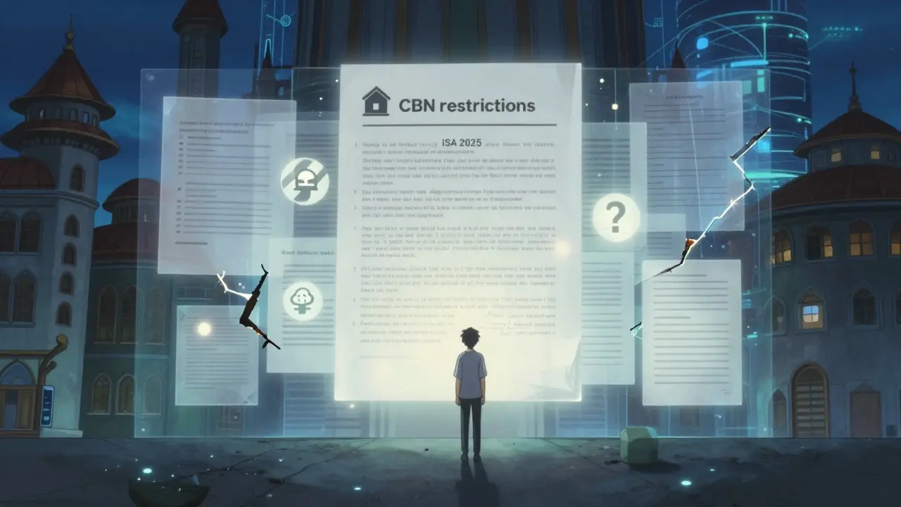 Anime style: Figure facing a wall of glowing legal docs and bank symbols