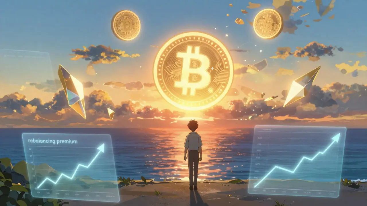 Anime style: Figure walking at sunset towards horizon with floating symbols of stable crypto growth.