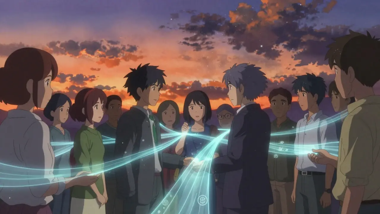 Anime style: People connected by light streams showing fast digital transfers