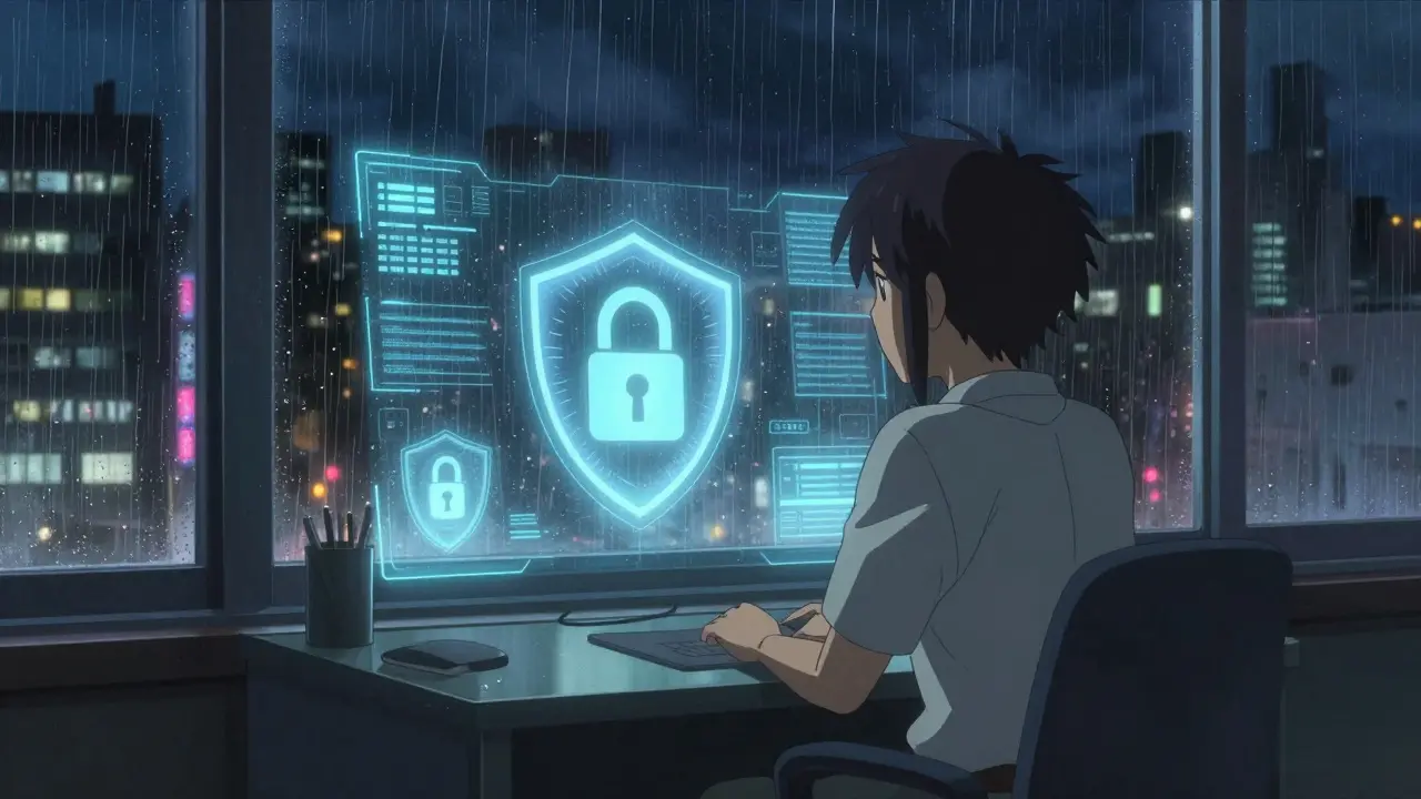 Anime style: Person looking at secure hologram in rainy city at night