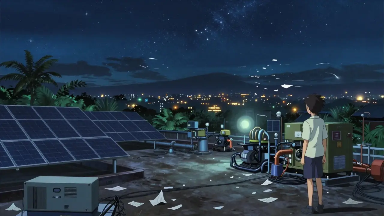 Anime style: Rooftop mining farm under stars with solar panels and generators