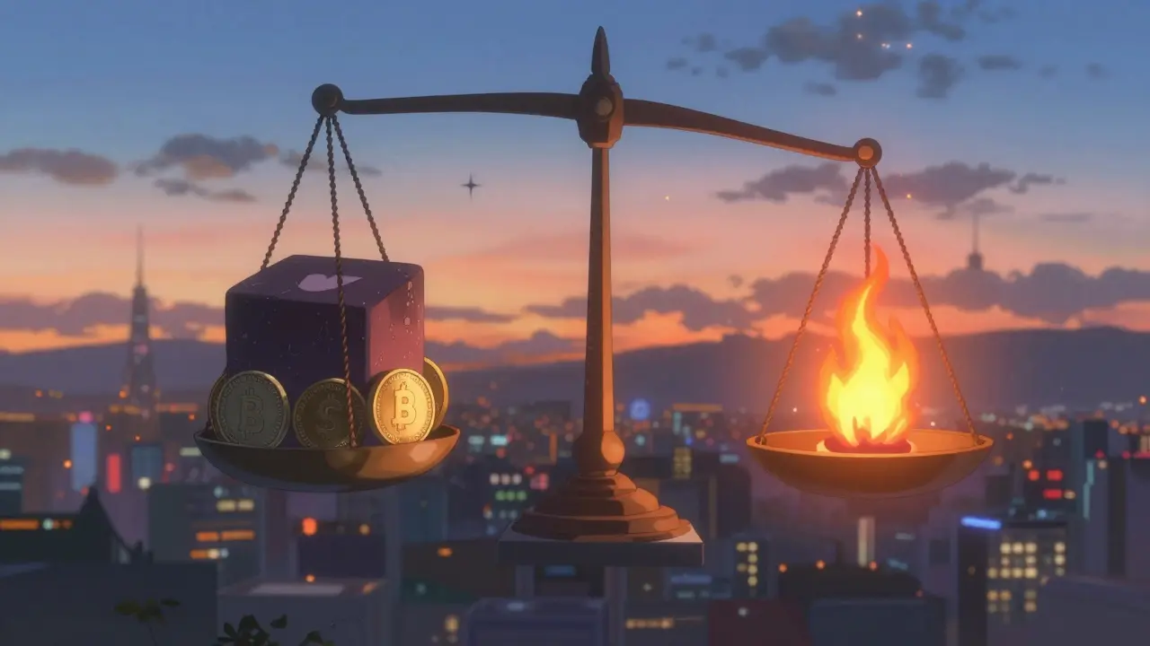Balance scale with heavy blocks and a fragile flame against a twilight city skyline.
