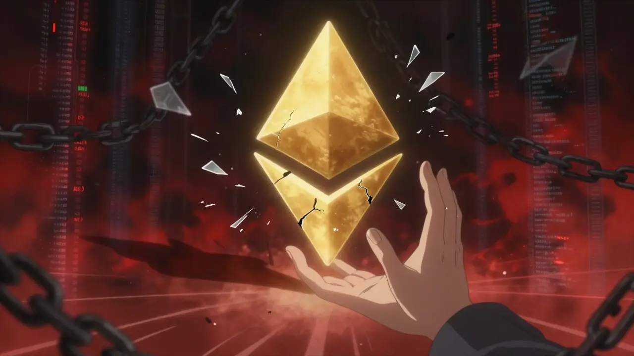 Character reaching for cracking crypto symbol in void