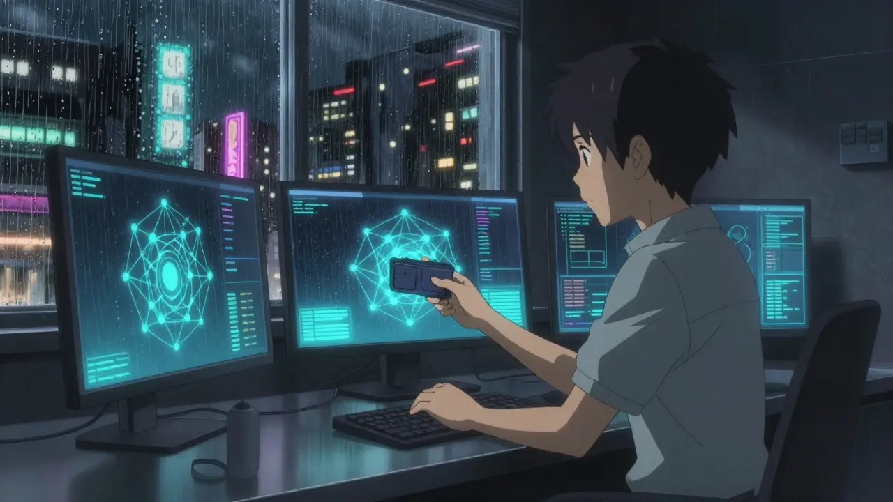 Character setting up crypto wallet in rainy cyber room