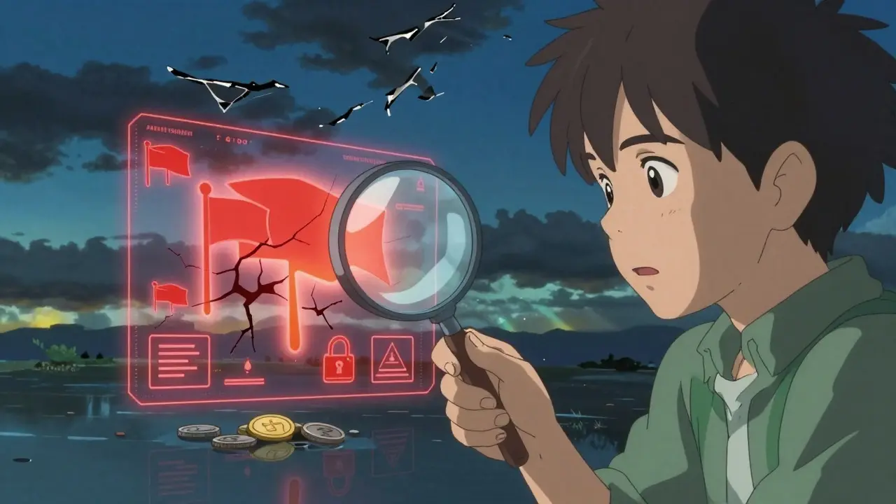 Close up of magnifying glass revealing hidden risks on digital crypto interface