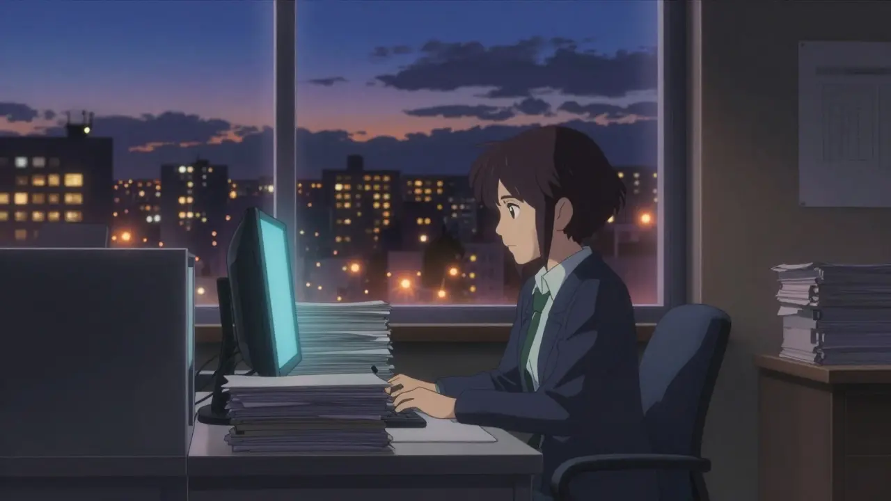 Compliance officer working late in office overlooking city at dusk