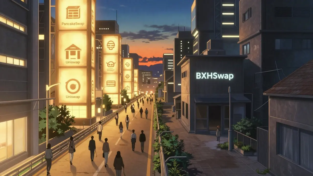Contrast between a busy, safe main road and a dark, empty alley in a futuristic city.