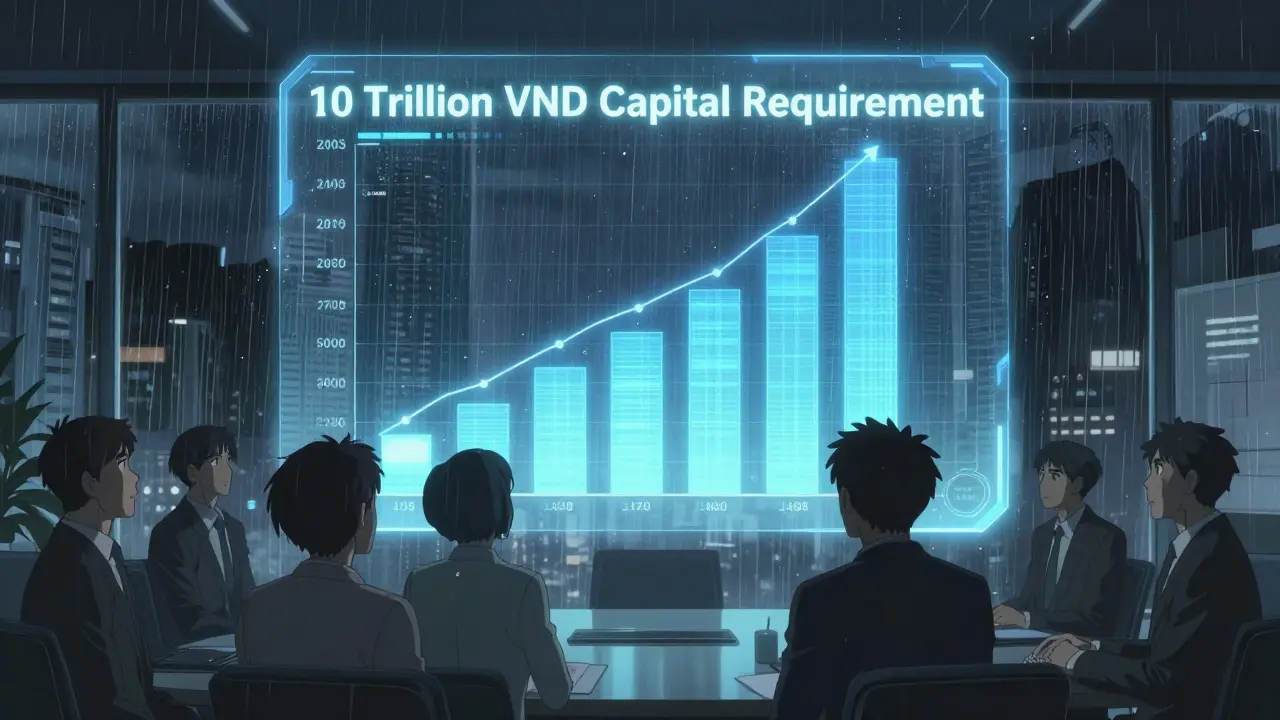 Corporate executives viewing holographic capital requirement chart in rainy boardroom
