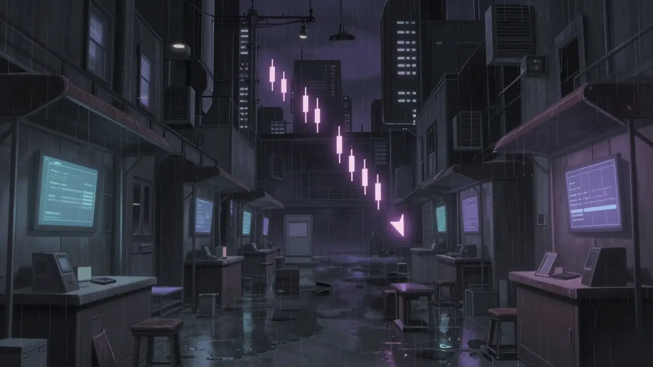 Desolate trading floor with falling price chart