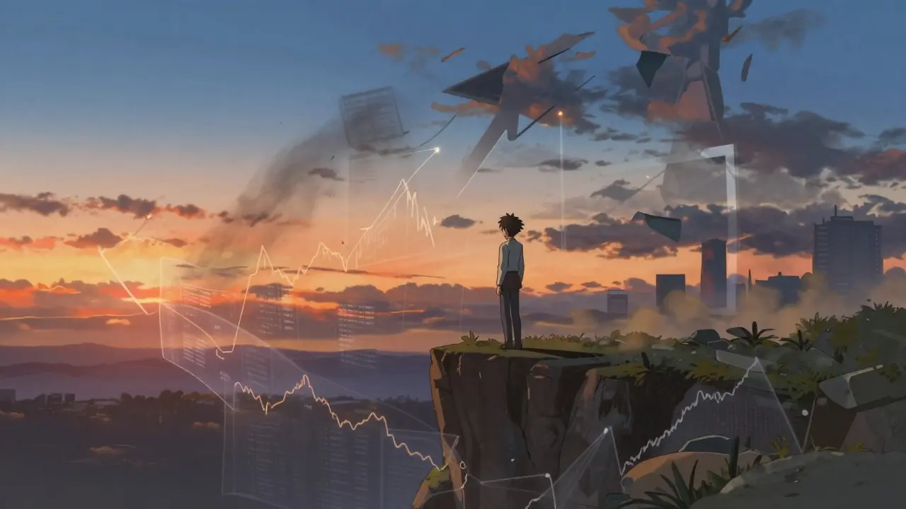 Digital structures crumbling into dust under a dramatic sunset sky
