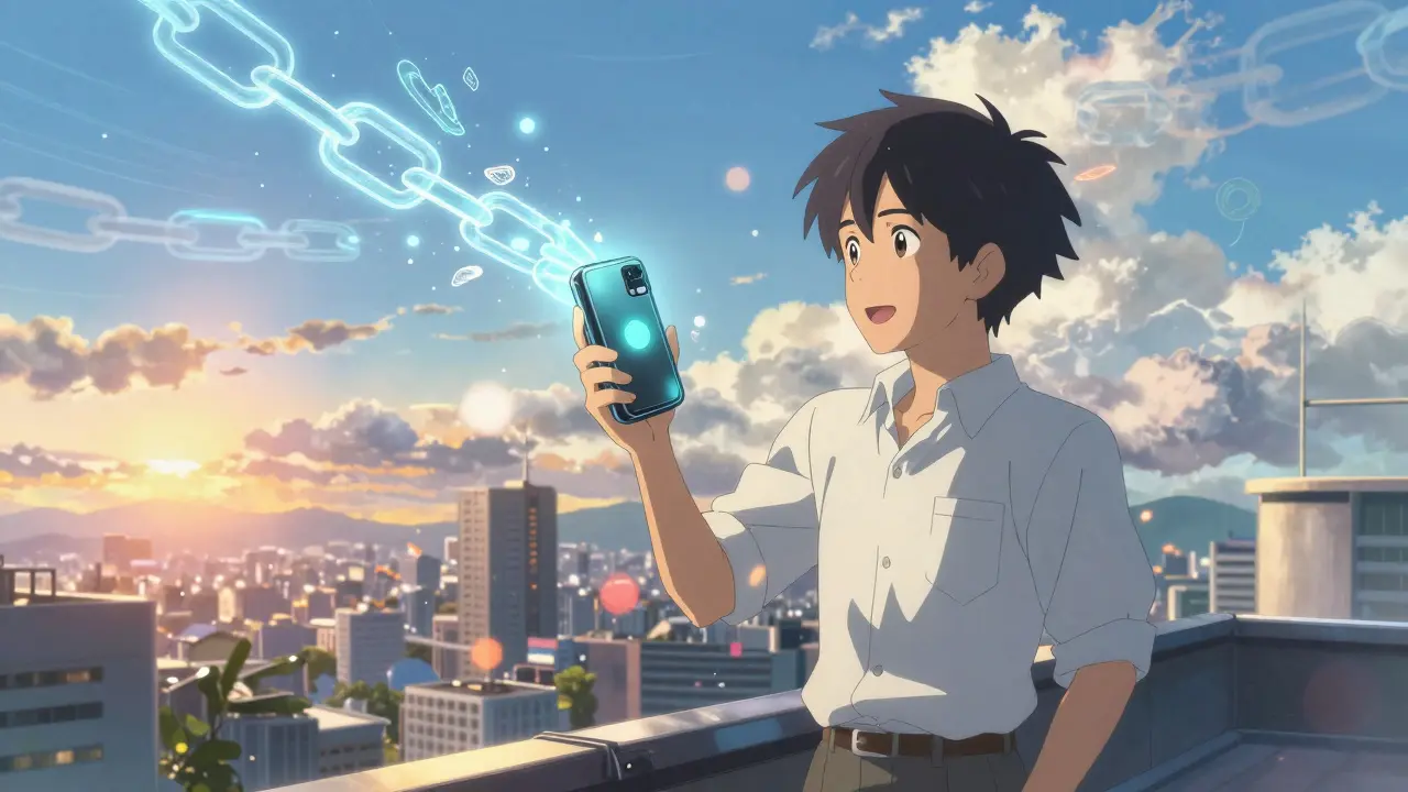 Entrepreneur holding glowing hardware wallet as digital chains break apart on sunny rooftop