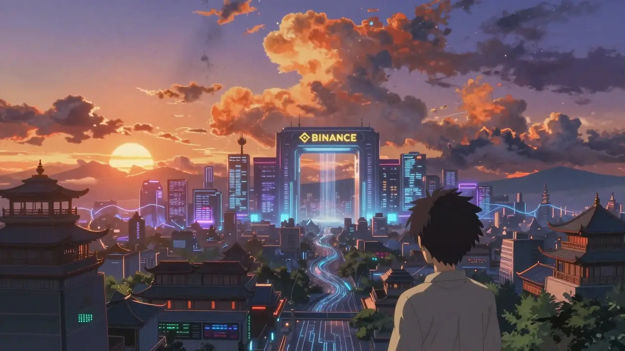 Futuristic cityscape with digital gateway symbolizing crypto access