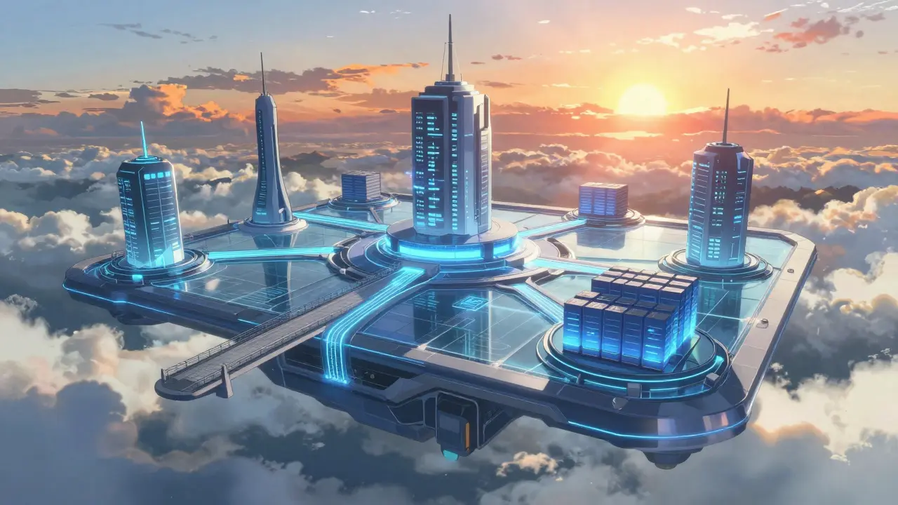 Futuristic DeFi platform structure floating in clouds, representing Genshiro's roadmap.