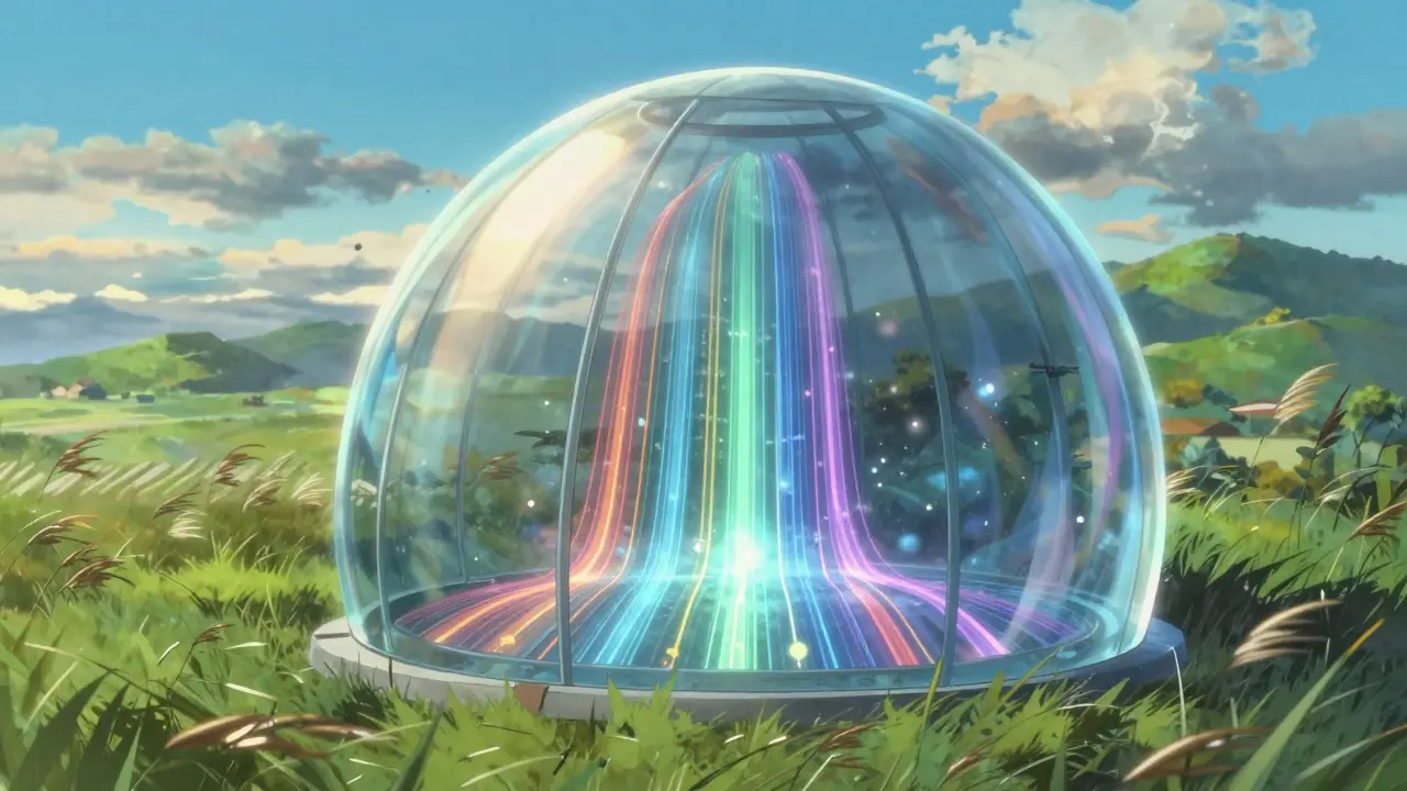 Glass dome sorting chaotic energy streams into orderly paths in a sunny landscape.